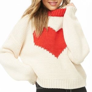 Forever 21 Cream & Red Heart Mock Neck Sweater